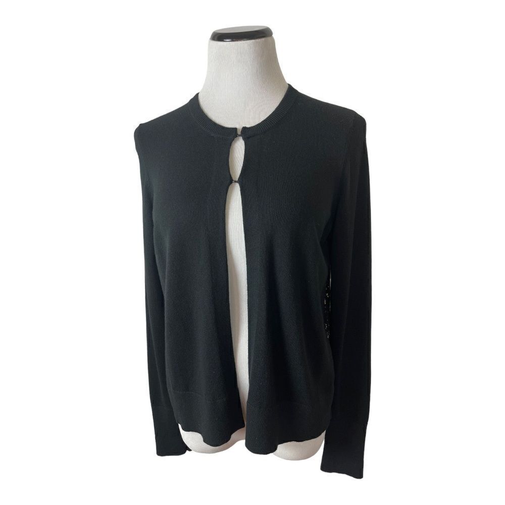 Ann Taylor Loft Classic Black Knit Cardigan Sweater Lace Back Long Sleeve Size S